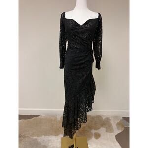 Genavieve The Label Floral Lace Ruffle Accent Long Sleeve Asymmetric Midi Dress